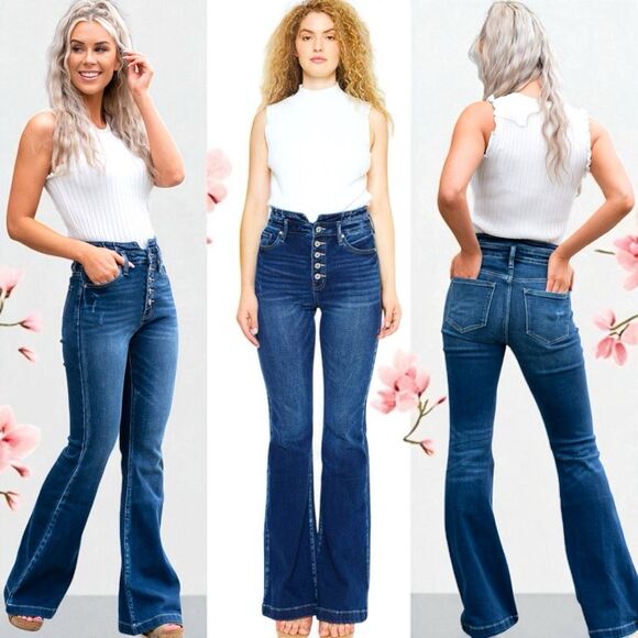 Kancan High Rise Curvy Dark Wash Button Fly Flare NWT - Picture 2 of 16